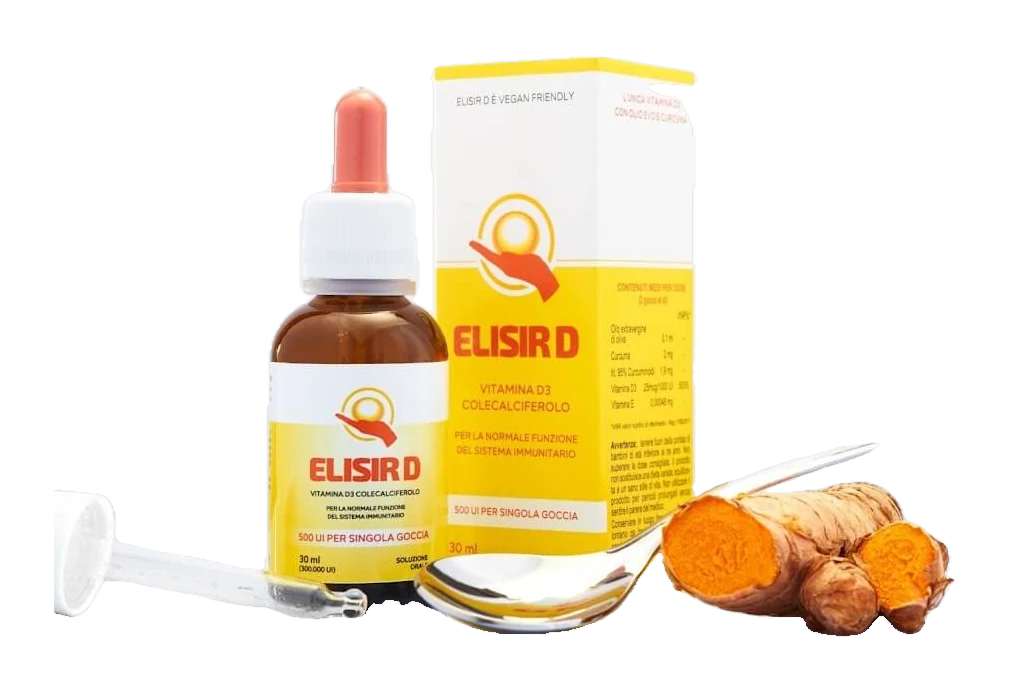 Elisir D: flacone, astuccio e radice di curcuma